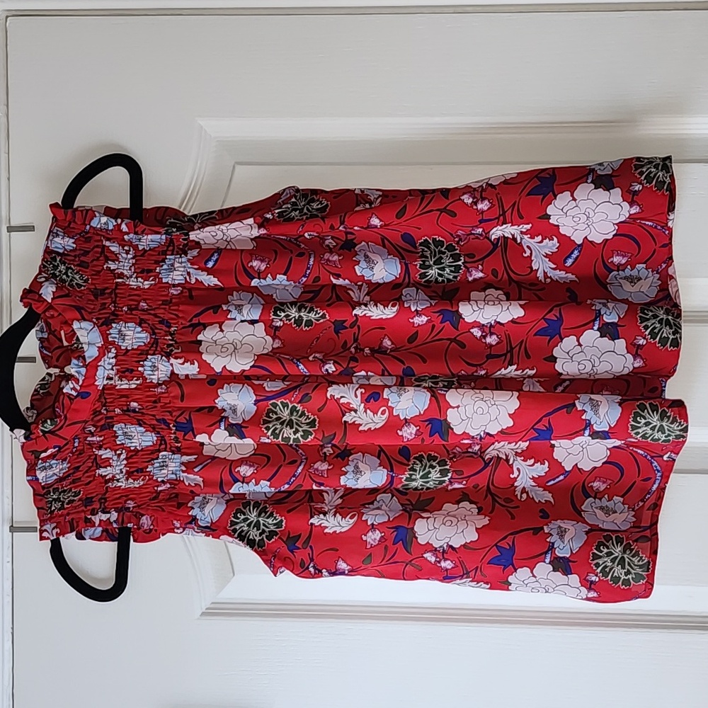 Eliane Rose Ruffled Neck Red Floral Top, Gently Worn in EC, Sz. Medium